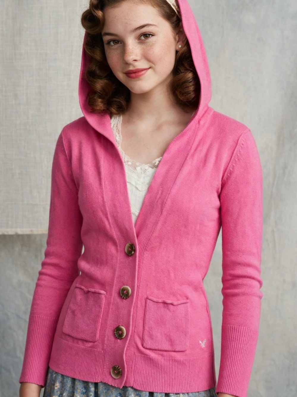 American Eagle Outfitters Pink Hooded Button Cardigan- Bright Pink- Y2K